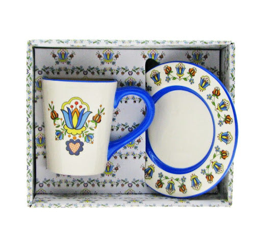 Polish Kashubian Folk Art Ceramic Mug and Dish Set in Box
