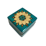 Polish Folk Floral Rosette Wooden Box with Brass Inlays, 3"x3"