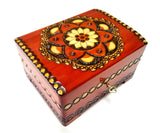 Polish Folk Floral Rosette Wooden Box with Brass Inlays and Key, 7"x 5.5"