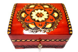 Polish Folk Floral Rosette Wooden Box with Brass Inlays and Key, 7"x 5.5"