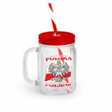 Polska Poland Eagle on Flag Mini Glass Jar with Lid and Straw