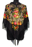 Traditional Russian Pashmina Folk Shawl with Fringes - Russian Collection, Black