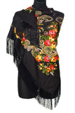 Traditional Russian Pashmina Folk Shawl with Fringes - Russian Collection, Black