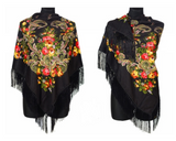 Traditional Russian Pashmina Folk Shawl with Fringes - Russian Collection, Black