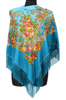 Traditional Russian Pashmina Folk Shawl with Fringes - Russian Collection, Teal Blue