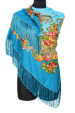 Traditional Russian Pashmina Folk Shawl with Fringes - Russian Collection, Teal Blue