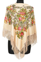 Traditional Russian Pashmina Folk Shawl with Fringes - Russian Collection, Creamy