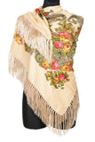 Traditional Russian Pashmina Folk Shawl with Fringes - Russian Collection, Creamy