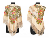 Traditional Russian Pashmina Folk Shawl with Fringes - Russian Collection, Creamy