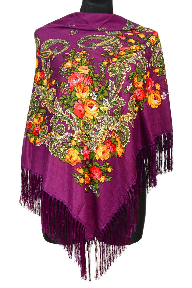 Traditional Russian Pashmina Folk Shawl with Fringes - Russian Collection, Magneta Purple