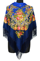 Traditional Russian Pashmina Folk Shawl with Fringes - Russian Collection, Navy Blue