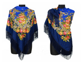 Traditional Russian Pashmina Folk Shawl with Fringes - Russian Collection, Navy Blue