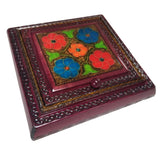 Polish Floral Wooden Jewelry Box with Mirror, Brass Inlays and Compartments, 8.5"x 8.5"
