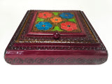 Polish Floral Wooden Jewelry Box with Mirror, Brass Inlays and Compartments, 8.5"x 8.5"