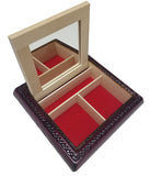 Polish Floral Wooden Jewelry Box with Mirror, Brass Inlays and Compartments, 8.5"x 8.5"