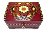 Polish Folk Floral Rosette Wooden Box with Brass Inlays and Key, 7"x 5.5"