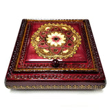 Polish Floral Rosette Wooden Jewelry Box with Mirror, Brass Inlays and Compartments, 8.5"x 8.5"