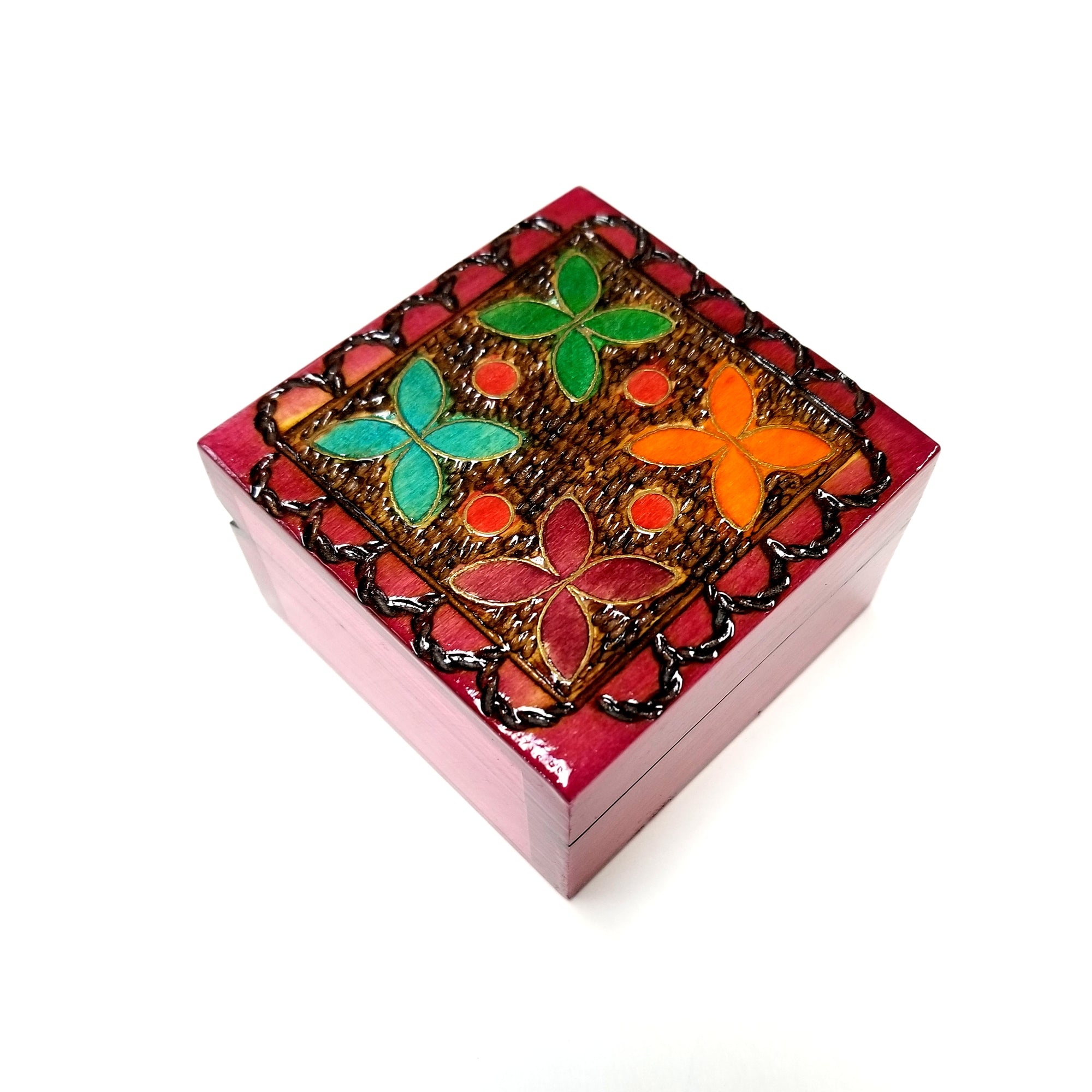 Polish Folk Floral Colorful Wooden Box with Brass Inlays, 3"x3"