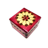 Polish Folk Floral Rosette Wooden Box with Brass Inlays, 3"x3"