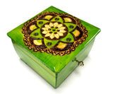 Polish Folk Floral Rosette Wooden Box with Brass Inlays and Key, 6"x6"