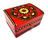 Polish Folk Floral Rosette Wooden Box with Brass Inlays and Key, 7"x 5.5"