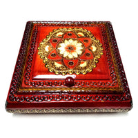 Polish Floral Rosette Wooden Jewelry Box with Mirror, Brass Inlays and Compartments, 8.5