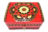 Polish Folk Floral Rosette Wooden Box with Brass Inlays and Key, 7"x 5.5"