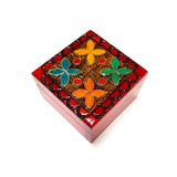 Polish Folk Floral Colorful Wooden Box with Brass Inlays, 3"x3"