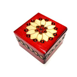 Polish Folk Floral Rosette Wooden Box with Brass Inlays, 3"x3"