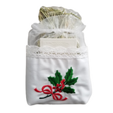Traditional Polish Lace Pouch Holder with Christmas Wafer & Hay Set, Holly Embroidery