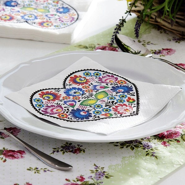 Polish Lowicz Heart Folk Art Luncheon Napkins, Set of 20