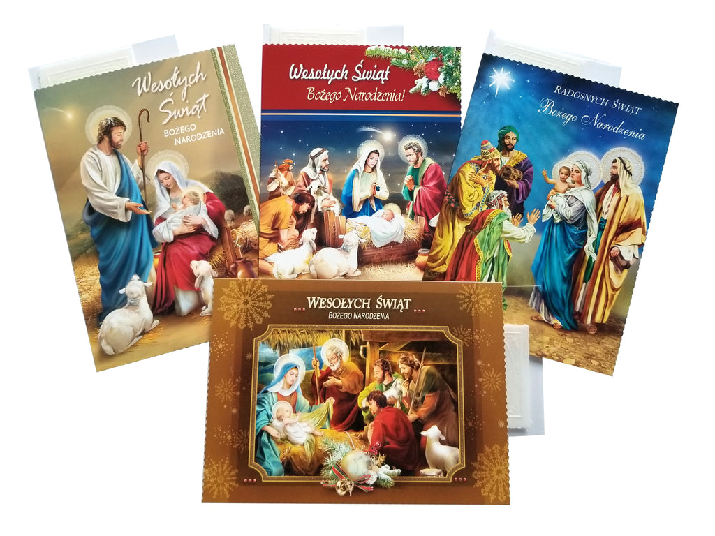 Set of 4 Traditional Polish Religious Christmas Cards with Wafers (Oplatki) (B)