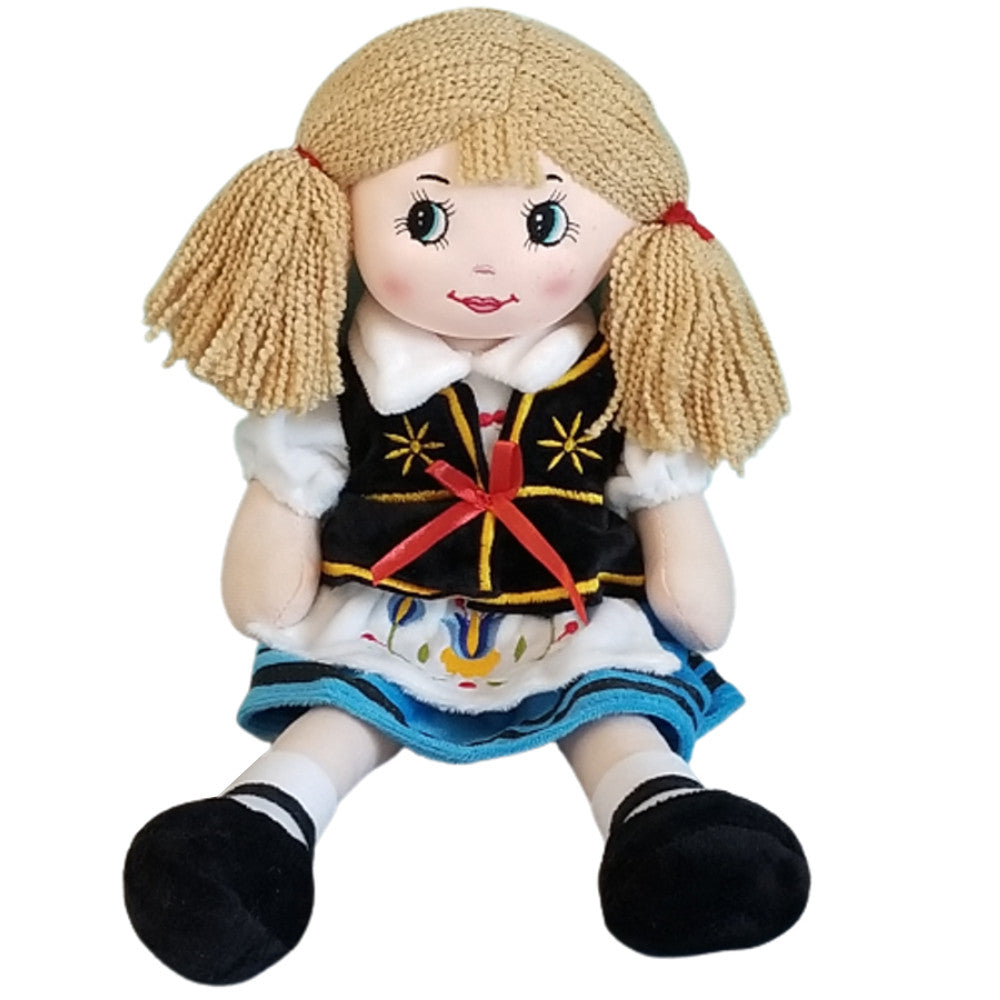 Large 16" Soft Plush Polish Folk Doll in Kashubian Costume, Blond in Blue Skirt