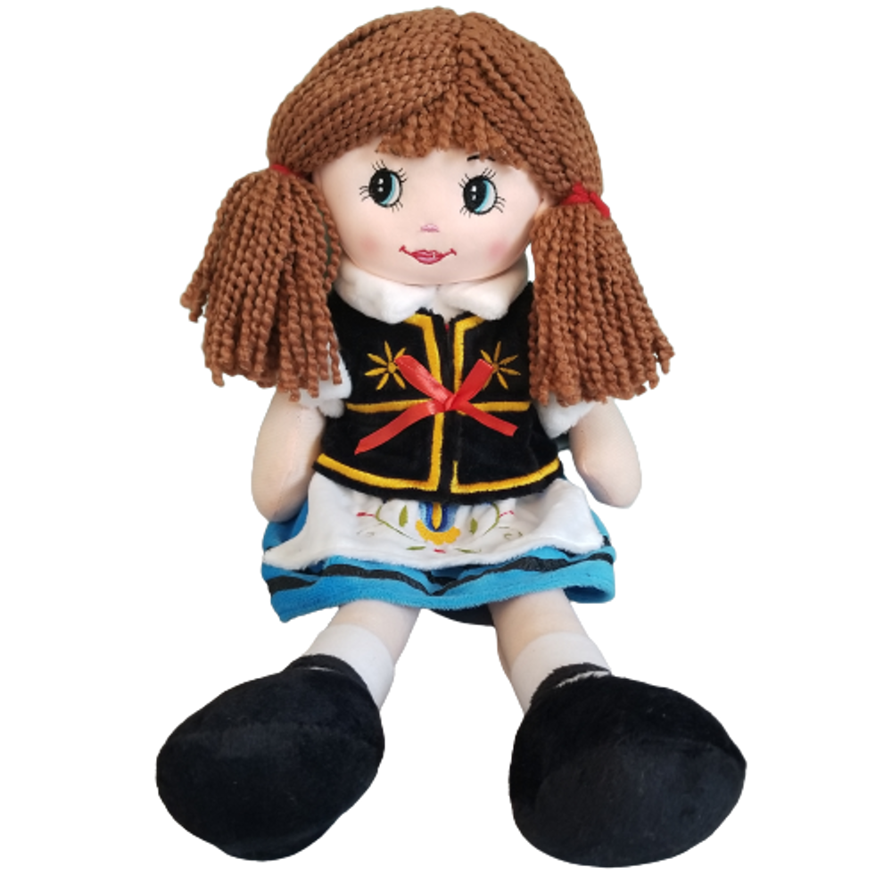 Large 16" Soft Plush Polish Folk Doll in Kashubian Costume, Brunette in Blue Skirt