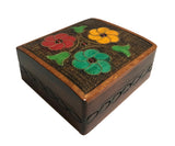 Polish Folk Floral Wooden Box with Brass Inlays, 4.5"x4"