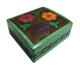 Polish Folk Floral Wooden Box with Brass Inlays, 4.5"x4"