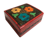 Polish Folk Floral Wooden Box with Brass Inlays, 4.5"x4"