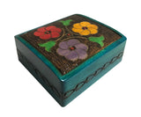 Polish Folk Floral Wooden Box with Brass Inlays, 4.5"x4"