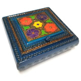 Polish Floral Wooden Jewelry Box with Mirror, Brass Inlays and Compartments, 8.5"x 8.5"