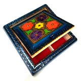 Polish Floral Wooden Jewelry Box with Mirror, Brass Inlays and Compartments, 8.5"x 8.5"