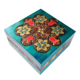 Polish Square Wooden Box with Intricate Pattern, 4.75"x 4.75" (Turquoise Bell Flowers)