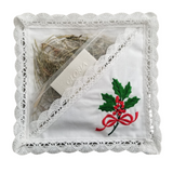 Traditional Polish Lace Square Pillow Holder with Christmas Wafer & Hay Set, Holly Embroidery