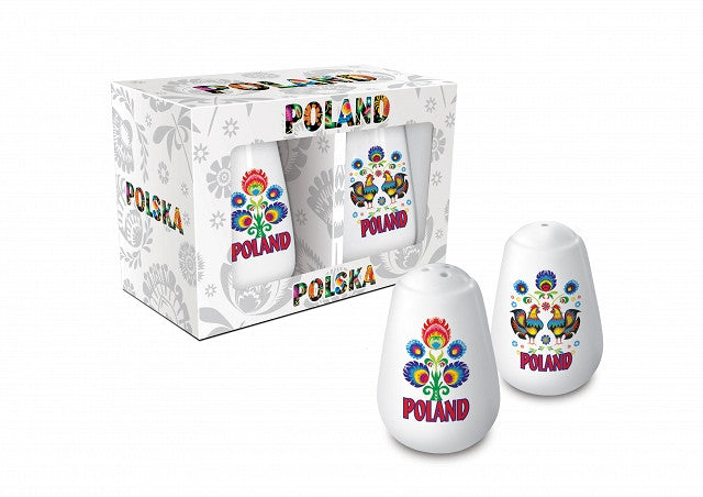 Polish Folk Art Salt & Pepper Shaker Set - Lowicz Flower & Roosters - Taste of Poland
