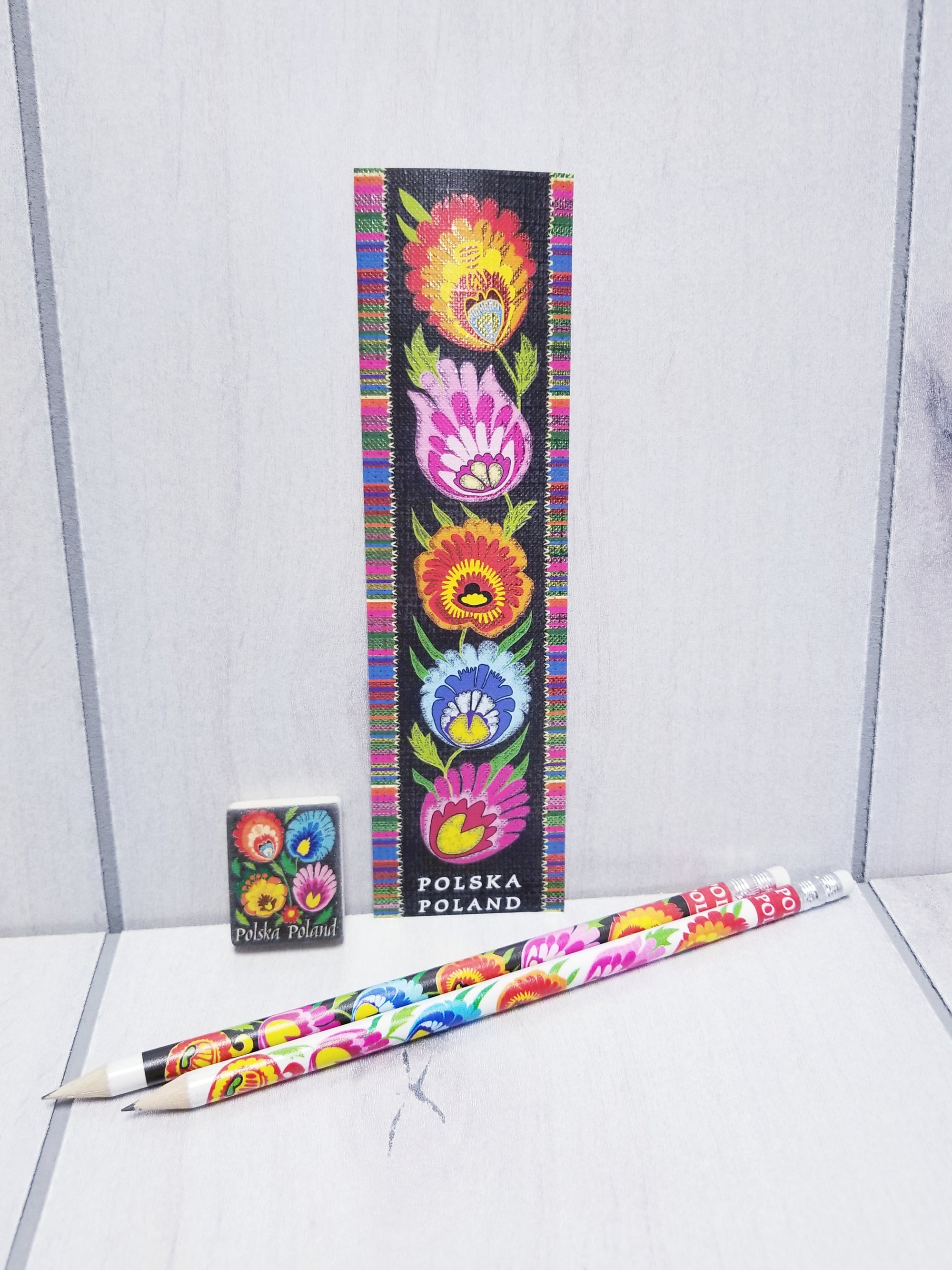 Polish Folk Art Bookmark, Eraser & 2 Pencils Set (Flowers)