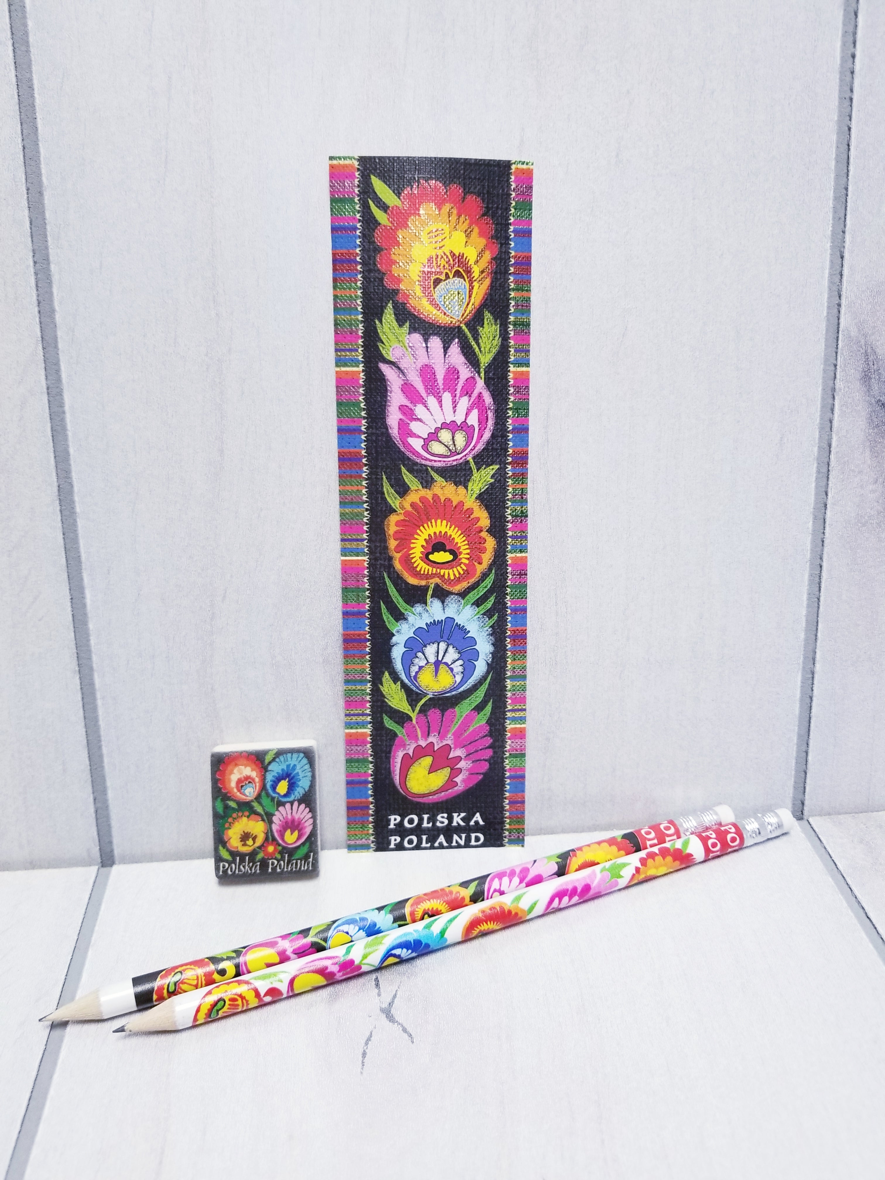 Polish Folk Art Bookmark, Eraser & 2 Pencils Set (Flowers)