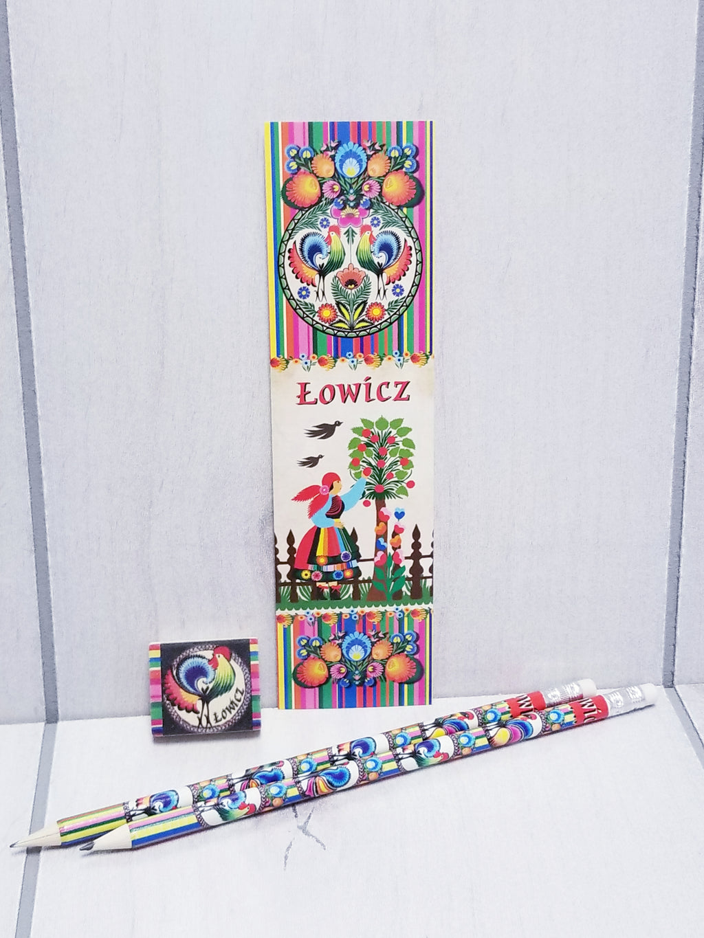 Polish Folk Art Bookmark, Eraser & 2 Pencils Set (Lowicz)