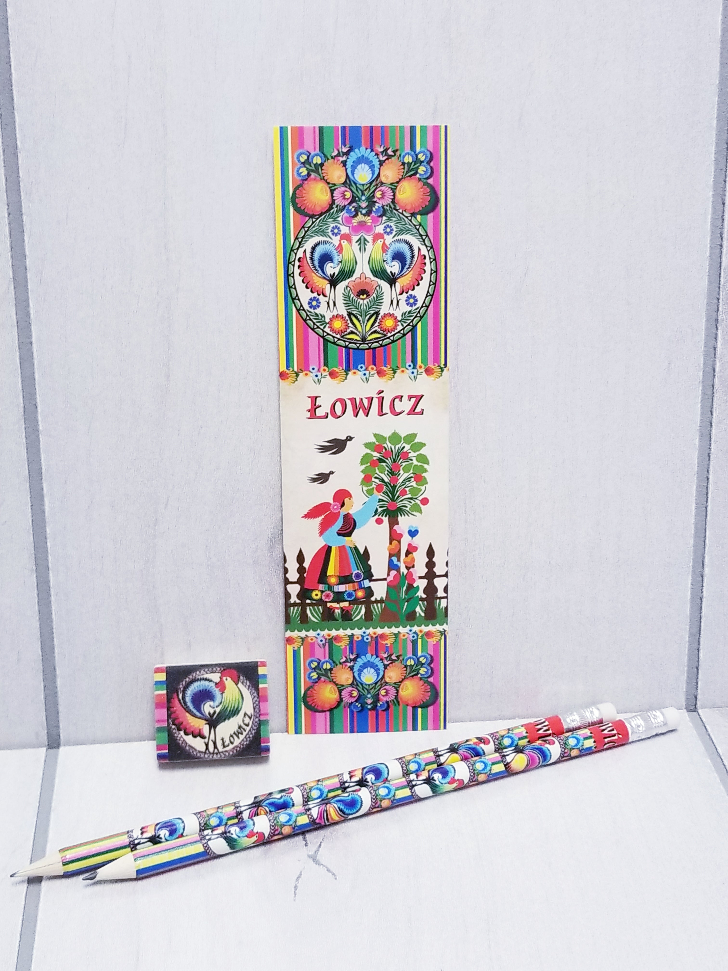 Polish Folk Art Bookmark, Eraser & 2 Pencils Set (Lowicz)