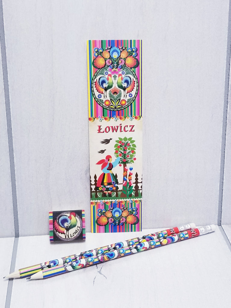 Polish Folk Art Bookmark, Eraser & 2 Pencils Set