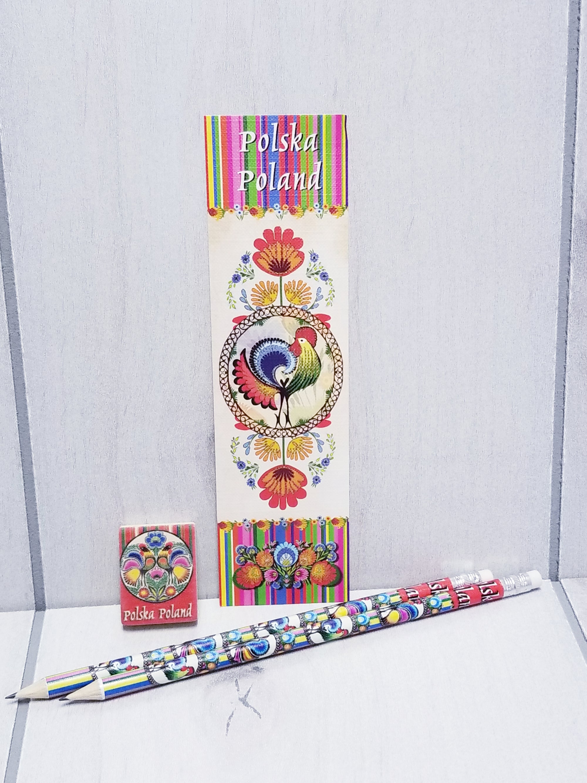 Polish Folk Art Bookmark, Eraser & 2 Pencils Set (Rooster)
