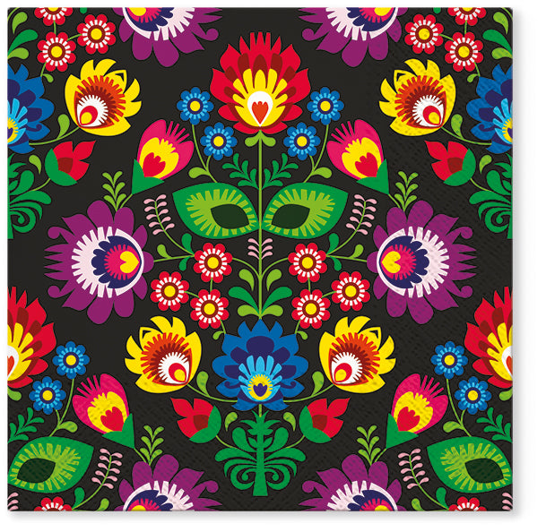 Polish Black Lowicz Flowers Folk Art Luncheon Napkins, Set of 20